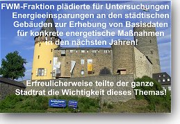Die FWM pl&auml;dierte f&uuml;r Untersuchungen zu Energieeinsparungen an den st&auml;dtischen Geb&auml;uden zur Erhebung von Basisdaten f&uuml;r konkrete energetische Ma&szlig;nahmen in den n&auml;chsten Jahren! Erfreulicherweise teilte der ganze Stadtrat die Wichtigkeit dieses Themas.